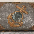 Lot 061 - Antique Victorian Photo Album With Tin Cover And Pressed Brass Anchor "Hope" Motif With Worn Beveled Glass Mirror, And Green Velvet Backing Containing 40+ Cabinet Card And Other Photographs