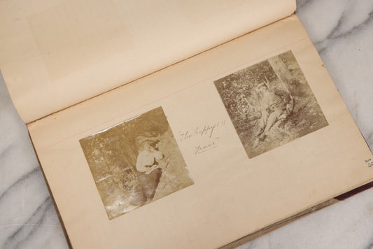 Lot 064 - Antique Snapshot Photo Album Scrapbook Contained In A Record Ledger With 40+ Photos And Scraps, With Handwritten Enscriptions, Including Interior Photos, Outdoor Photos, And More, Circa 1900, Hand Drawn Flower Scraps