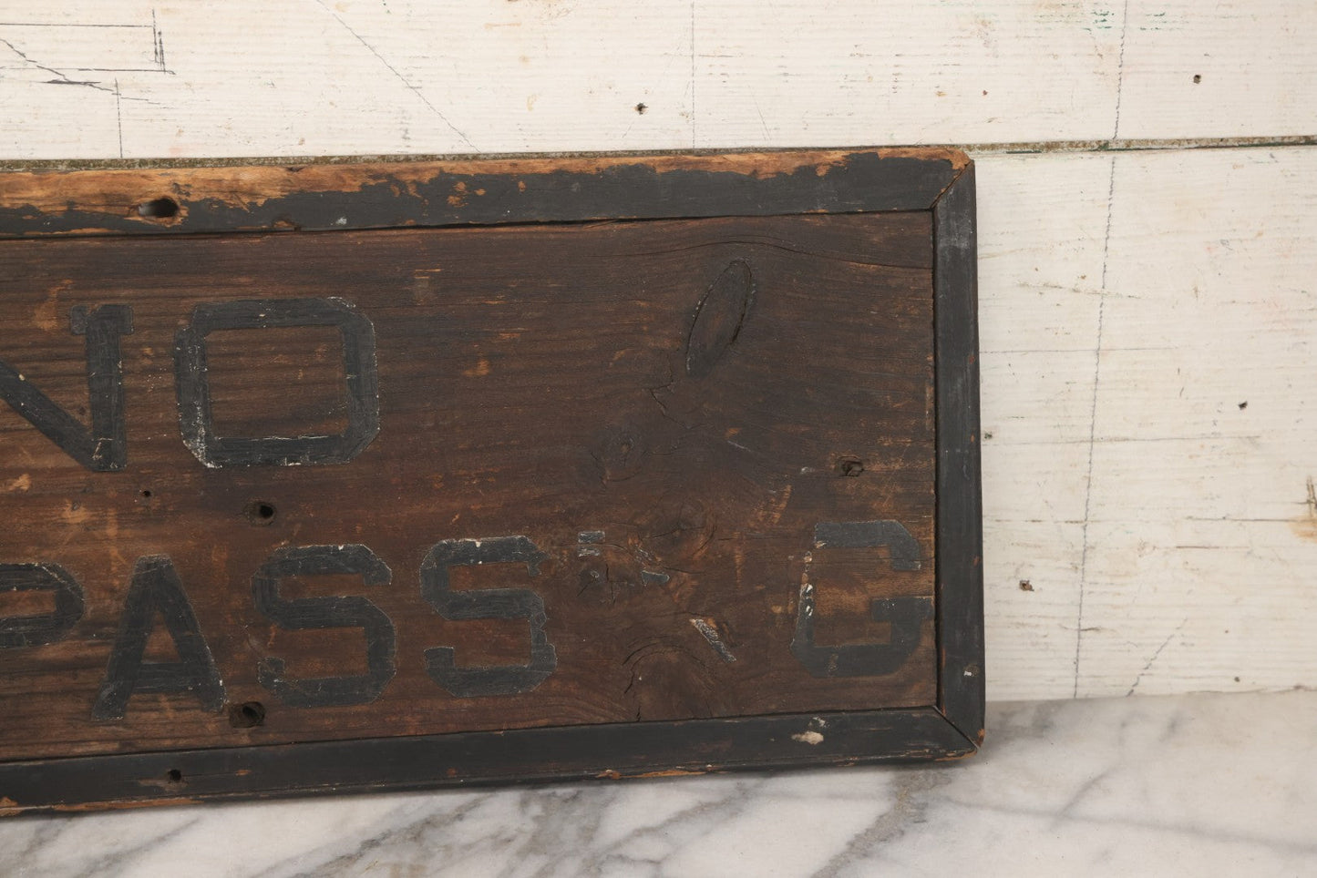 Lot 002 - Antique Carved And Painted "No Trespassing" Wood Sign With Raised Letters And Black Paint, Original Wear As Seen, 22-7/8" W x 8-5/6"H