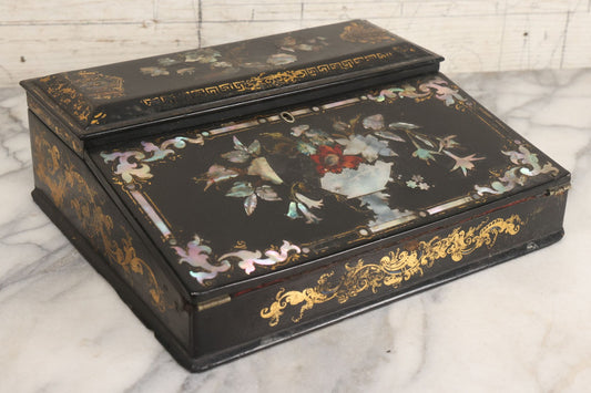 Lot 007 - Antique Black Lacquered Writing Desk Box With Mother Of Pearl Inlay And Gold Painted Decorations, Interior Velvet Lining And Pigeonhole Dividers