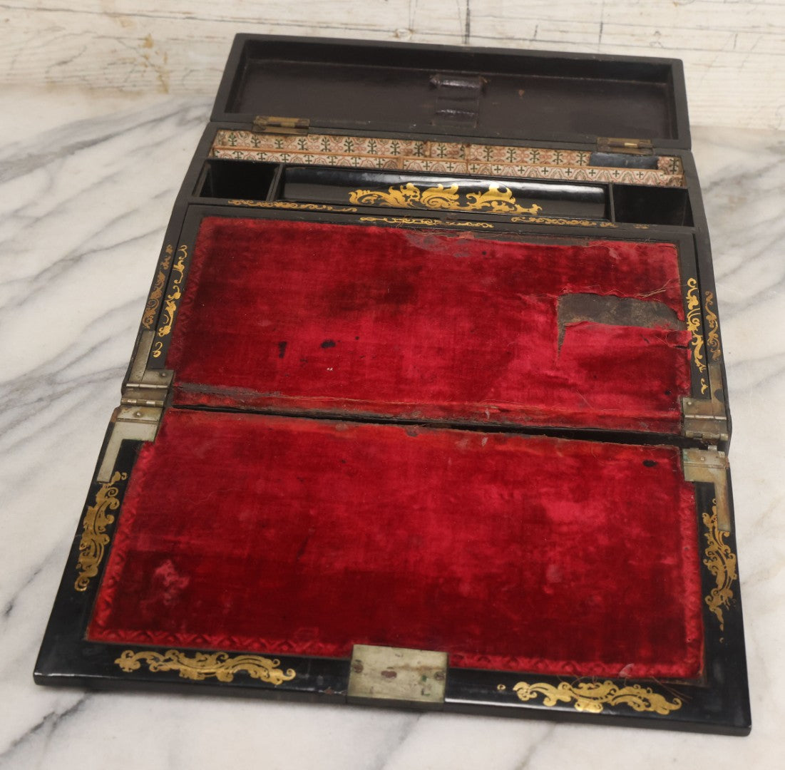 Lot 007 - Antique Black Lacquered Writing Desk Box With Mother Of Pearl Inlay And Gold Painted Decorations, Interior Velvet Lining And Pigeonhole Dividers