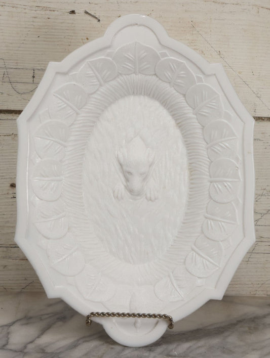 Lot 008 - Antique Milkglass Bread Platter With Figural Swimming Dog Hunting Duck Surrounded By Lily Pads, Three Dimensional Scene, Manufactured By Atterbury & Co., Note Minor Chips And Imperfections