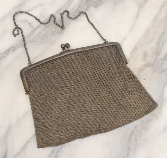 Lot 010 - Antique Whiting & Davis Co. German Silver Soldered Mesh Purse With Chain Handle And Engraved Lily Flower Decoration