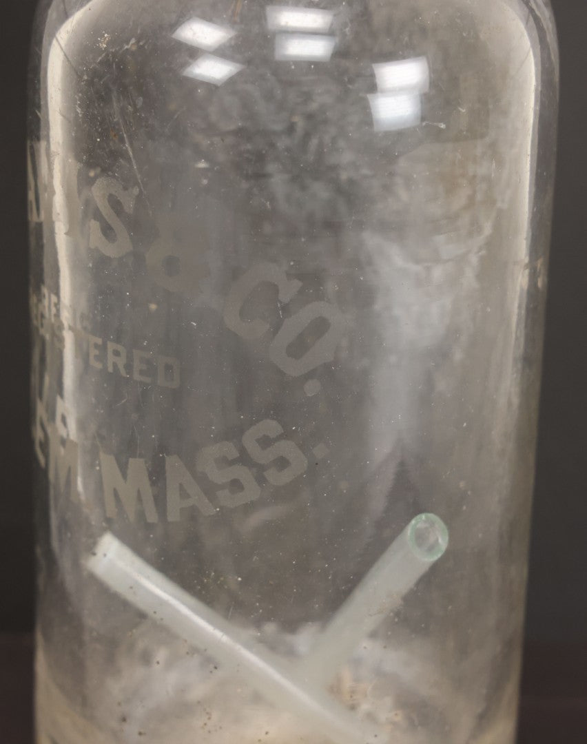 Lot 011 - Antique D. Davis & Co., Salem, Massachusetts, Glass Seltzer Soda Bottle With Matching Stamped Siphon Head