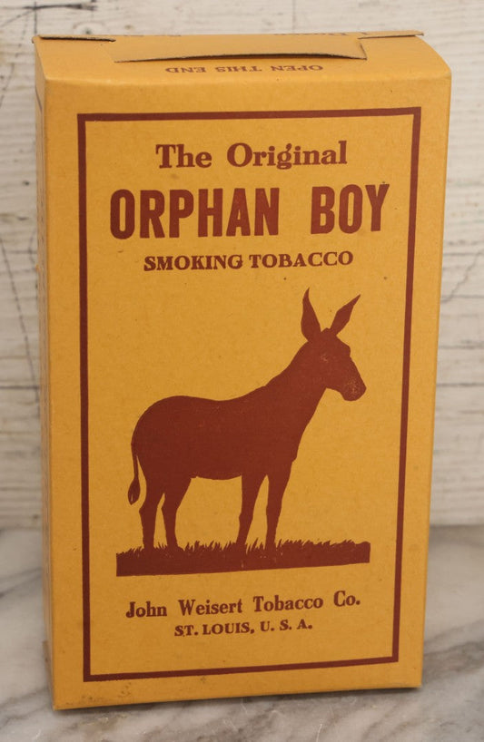 Lot 022 - Vintage Unused Advertising Box For One Dozen Five Cent Size "The Original Orphan Boy Smoking Tobacco" Packs For Pipe Or Cigarette, With Donkey Graphic, John Weisert Tobacco Co., St. Louis, Missouri