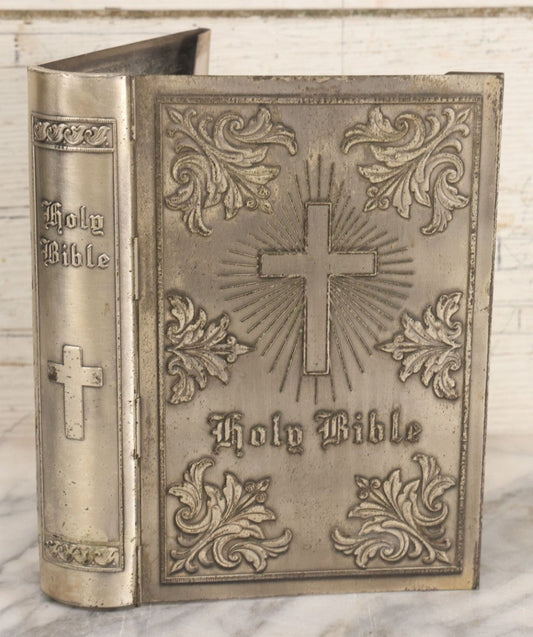 Lot 040 - Vintage Pressed Silvertone Metal Holy Bible Hinged Book Cover With Cross And Decorative Embellishments