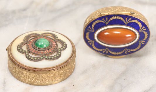 Lot 045 - Pair Of Vintage French Brass Pill Boxes With Decorative Covers Featuring Enamel And Stone Embellishments, With Interior Beveled Mirrors