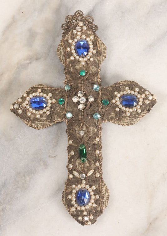 Lot 046 - Vintage Decorative Textile Cross With Blue Green And White Glass Gem Embellishments