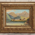 Lot 054 - Antique Miniature Painting On Board Of European Lakeside Mountain Town In Ornate Gilded Frame, 6-5/8" W x 5-1/2" H