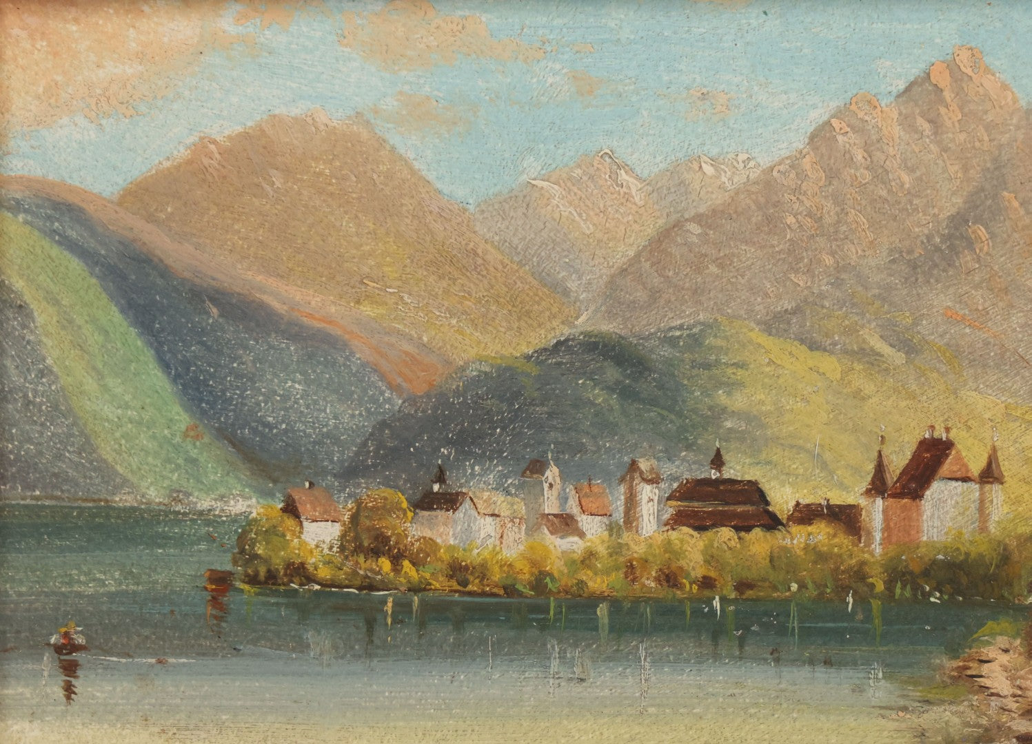 Lot 054 - Antique Miniature Painting On Board Of European Lakeside Mountain Town In Ornate Gilded Frame, 6-5/8" W x 5-1/2" H