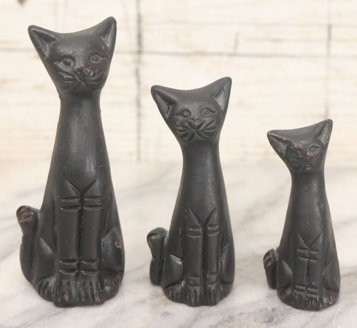 Lot 067 - Vintage Mid Century Three Piece Ceramic Black Cat Tchotchke Grouping