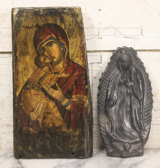 Lot 069 - Pair Of Vintage Virgin Mary Christian Devotional Decor Wall Hangers Including Decoupage Wooden Plaque, And Black Ceramic Plaque