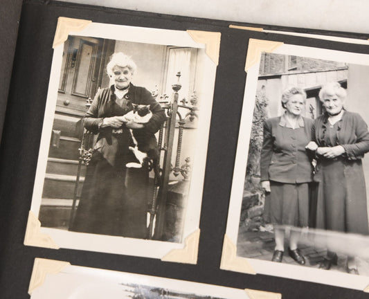 Lot 072 - Vintage Snapshot Photo Album With 80+ Photographs, Including Photos Of Europe, Naval Submarines And Battleships, Figural Topiary Sculpture Shrub Garden, Old Stone Houses, Pets And More, Many Loose Photos