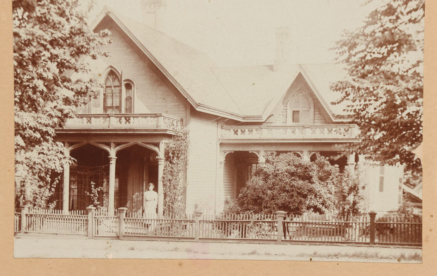 Lot 081 - Five Piece Antique Boarded Photography Grouping Including Woman Posing With Her Home, Two Children On Wicker Chair, Portraits Of Ladies, And Family Standing On Porch