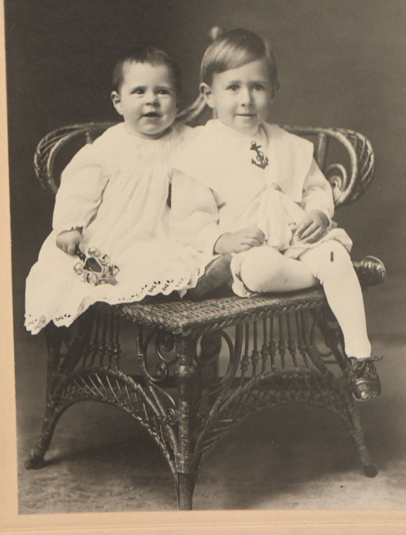 Lot 081 - Five Piece Antique Boarded Photography Grouping Including Woman Posing With Her Home, Two Children On Wicker Chair, Portraits Of Ladies, And Family Standing On Porch