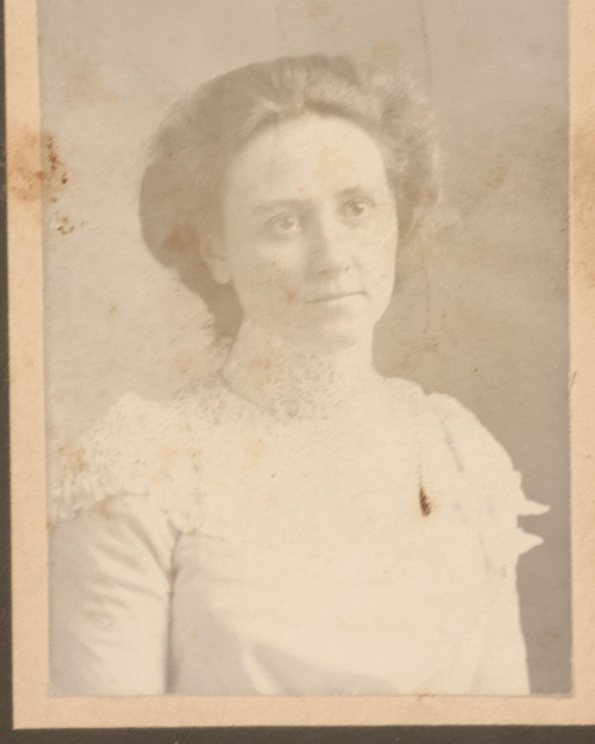 Lot 081 - Five Piece Antique Boarded Photography Grouping Including Woman Posing With Her Home, Two Children On Wicker Chair, Portraits Of Ladies, And Family Standing On Porch