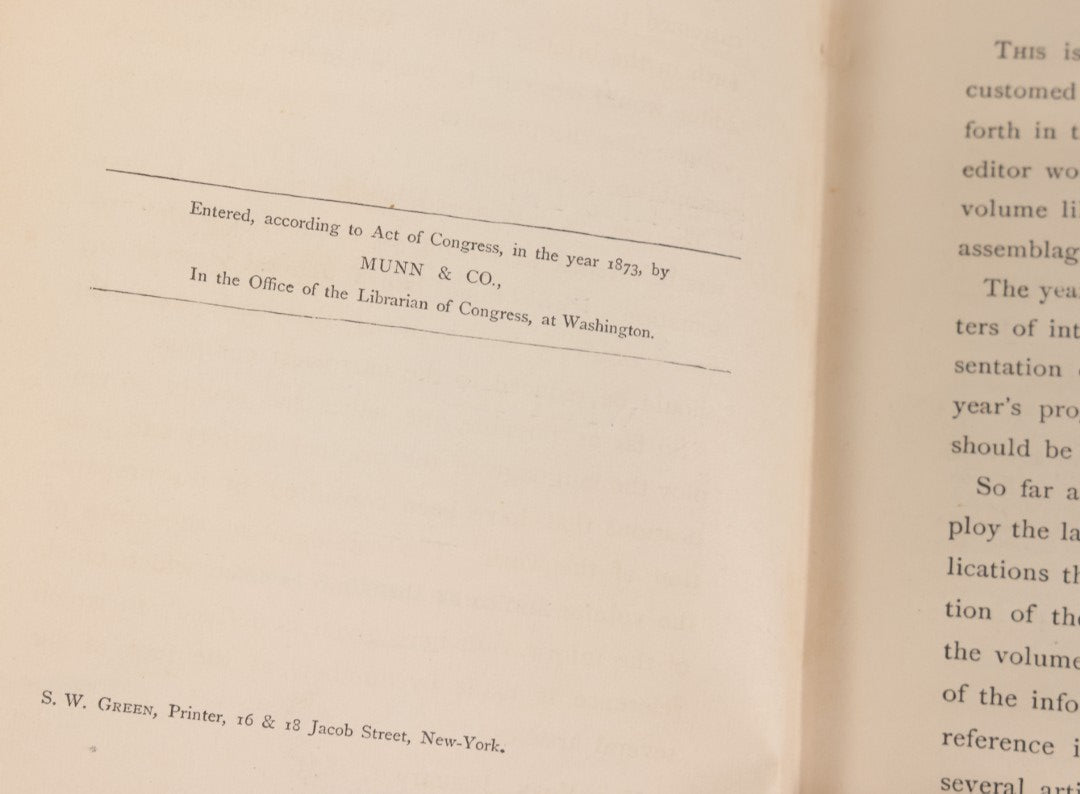 Lot 104 - "The Science Record For 1873, A Compendium Of Scientific Progress And Discovery During The Past Year" Antique Illustrated Book Edited By Alfred E. Beach, Munn & Company, Office Of The "Scientific American," Publishers, New York