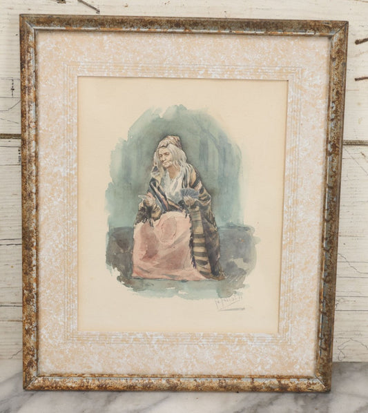 Lot 007 - Vintage Watercolor Painting On Paper Titled "The Fortune Teller" Featuring Old Woman Telling Fortunes With Cards, In Frame And Mat With Textured Finish, Artist Signed, Illegible, 10-3/4" x 12-3/4"