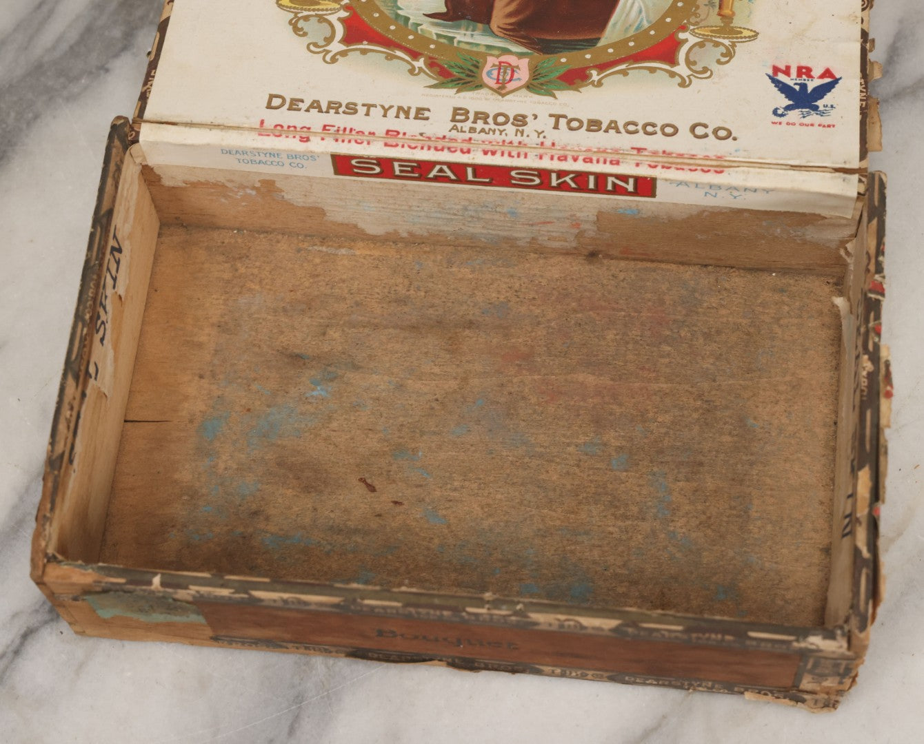 Lot 115 - Antique Wooden Cigar Box For "Seal Skin" Cigars, Manufactured By Dearstyne Bros. Tobacco Co., Albany, New York, With Lithographed Interior And Exterior Labels With Arctic Seal Graphics