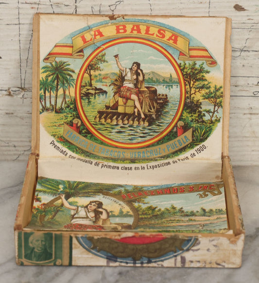 Lot 116 - Antique Wooden Cigar Box For "La Balsa" Cigars, Manufactured By Peláez Hermanos Sociedad En Comandita, Veracruz And Puebla, Mexico., With Lithographed Interior And Exterior Labels With Pretty Woman Smoking On Raft Graphics