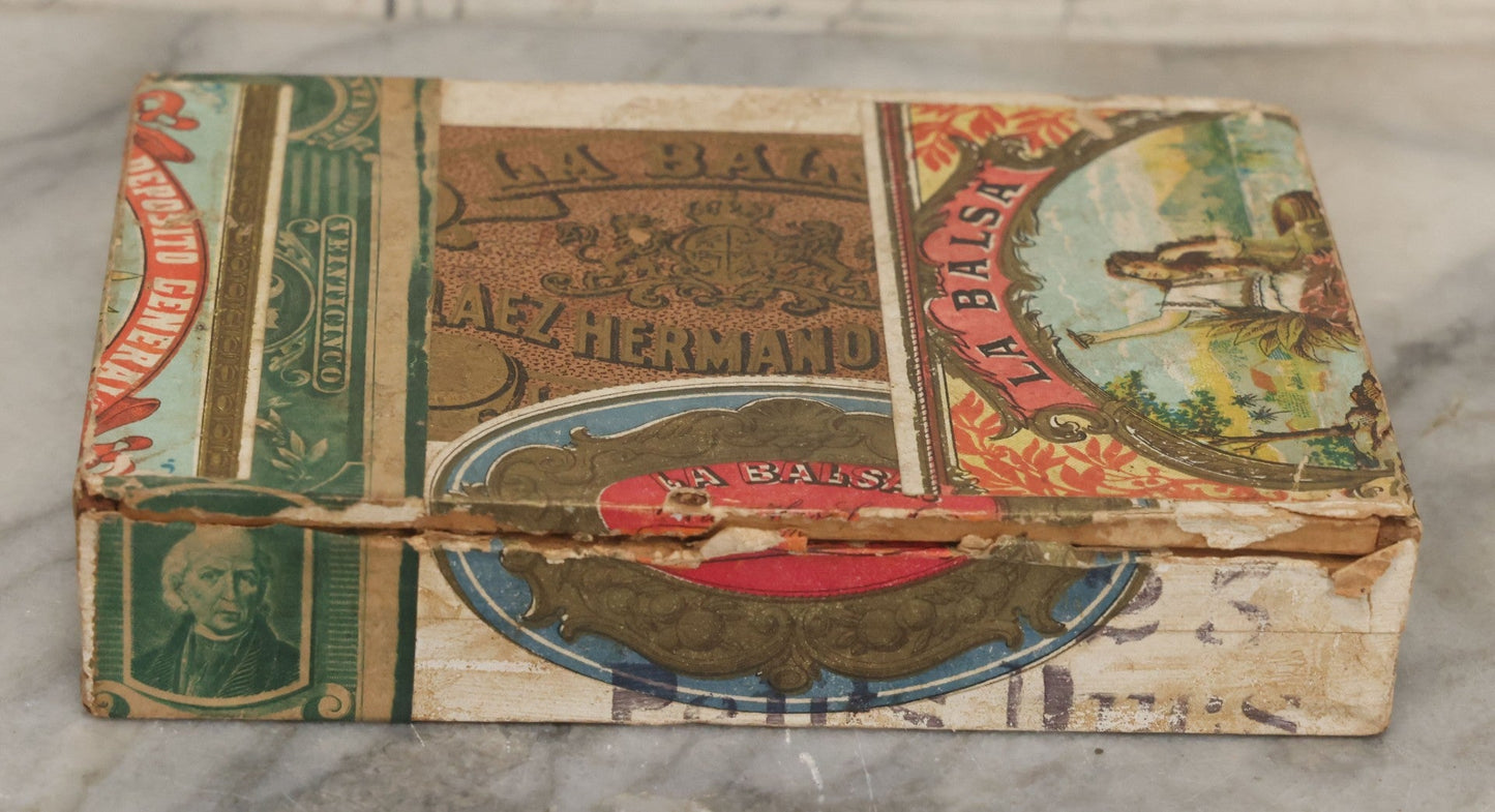 Lot 116 - Antique Wooden Cigar Box For "La Balsa" Cigars, Manufactured By Peláez Hermanos Sociedad En Comandita, Veracruz And Puebla, Mexico., With Lithographed Interior And Exterior Labels With Pretty Woman Smoking On Raft Graphics