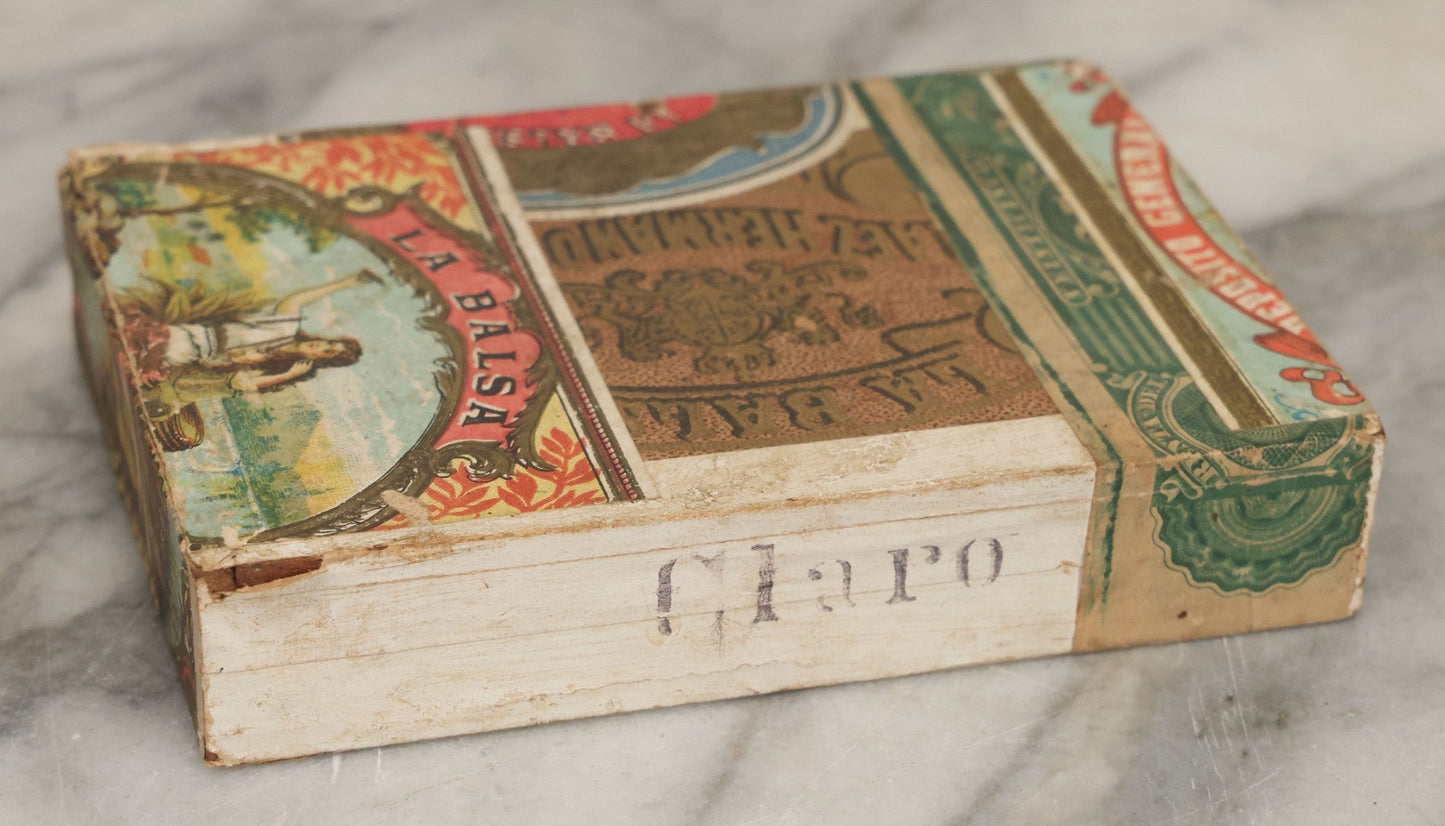 Lot 116 - Antique Wooden Cigar Box For "La Balsa" Cigars, Manufactured By Peláez Hermanos Sociedad En Comandita, Veracruz And Puebla, Mexico., With Lithographed Interior And Exterior Labels With Pretty Woman Smoking On Raft Graphics