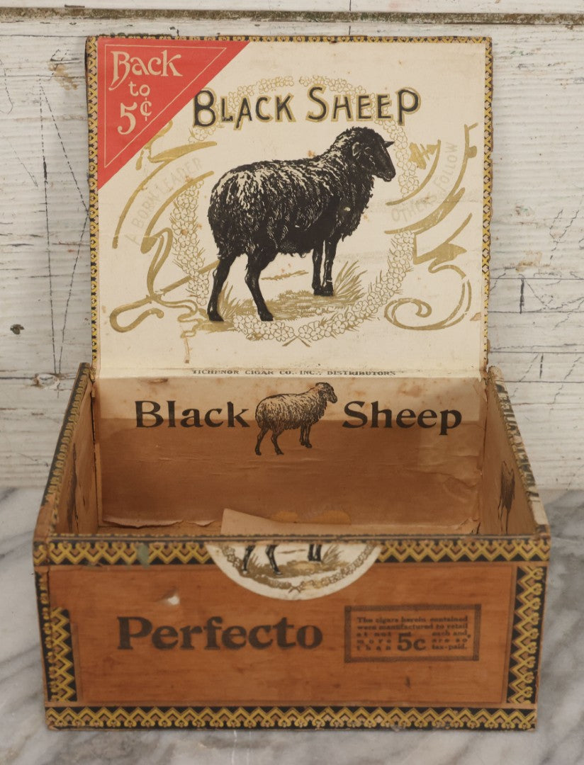 Lot 117 - Antique Wooden Cigar Box For "Black Sheep" Cigars, Distributed By Tichenor Cigar Co., Inc., With Lithographed Interior And Exterior Labels With Black Sheep Graphics
