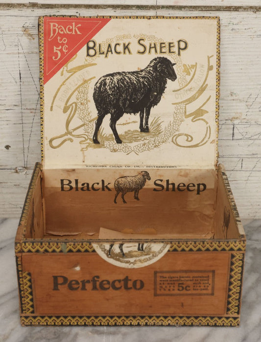 Lot 117 - Antique Wooden Cigar Box For "Black Sheep" Cigars, Distributed By Tichenor Cigar Co., Inc., With Lithographed Interior And Exterior Labels With Black Sheep Graphics