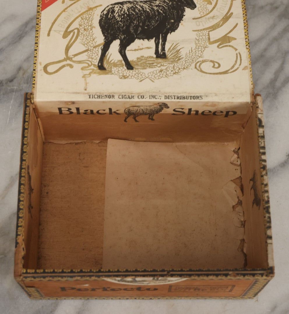 Lot 117 - Antique Wooden Cigar Box For "Black Sheep" Cigars, Distributed By Tichenor Cigar Co., Inc., With Lithographed Interior And Exterior Labels With Black Sheep Graphics