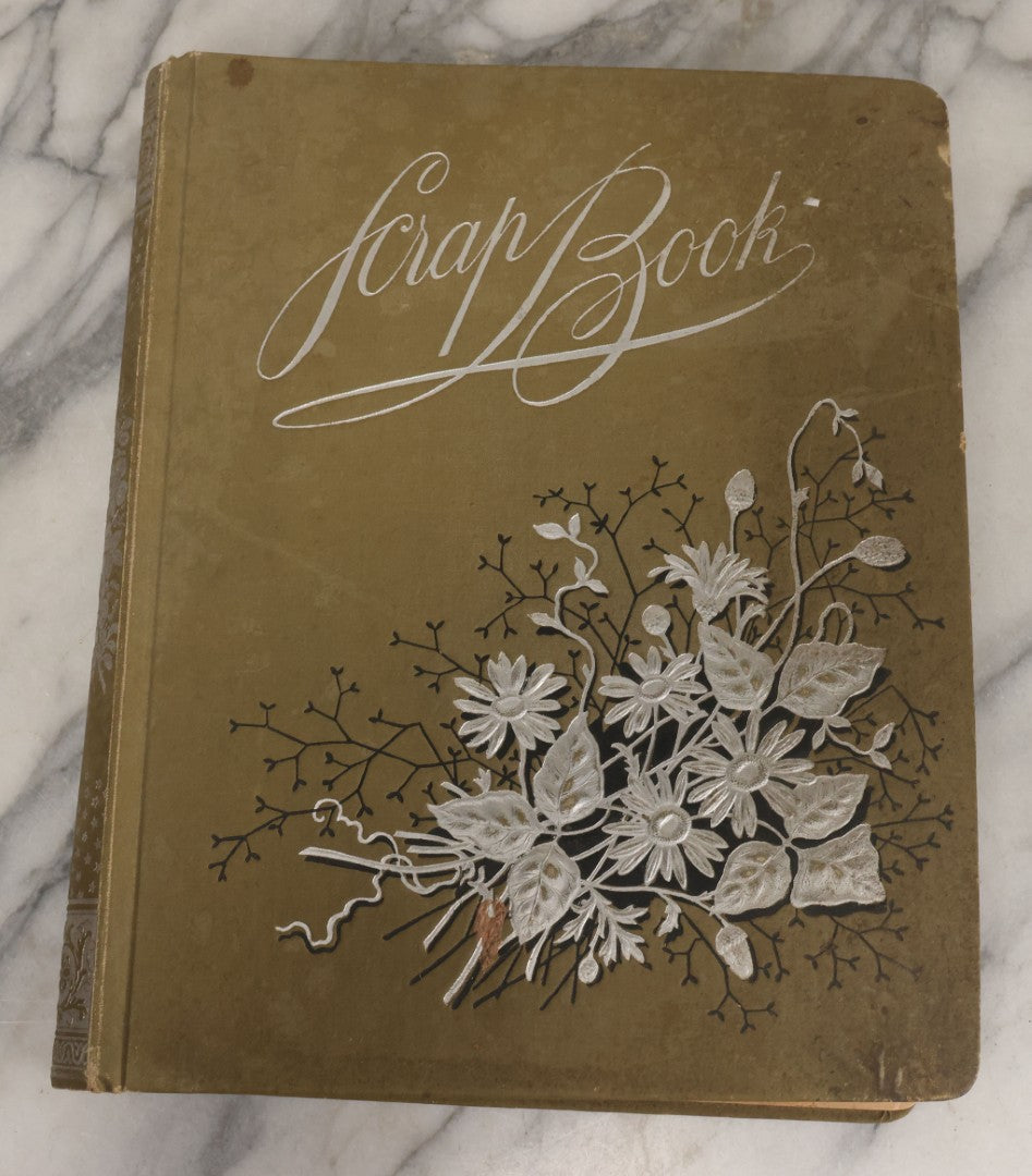 Lot 118 - Antique Victorian Scrapbook Album Green Cover, Silver Daisy Motif, With Many Lithographed Trade Cards, Holiday Cards, And Die Cuts, 90+ Pieces, Including Several Loose Cards