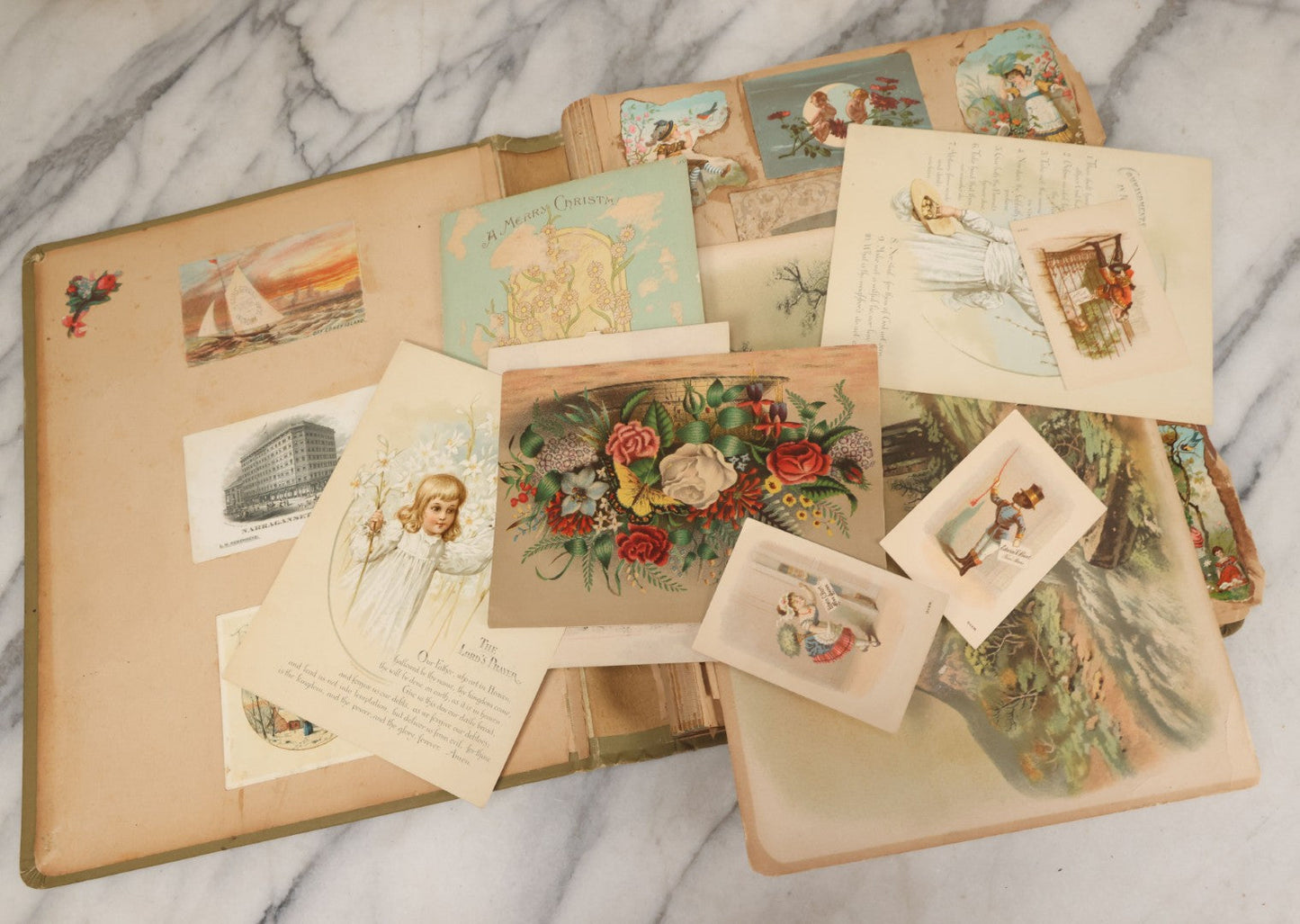 Lot 118 - Antique Victorian Scrapbook Album Green Cover, Silver Daisy Motif, With Many Lithographed Trade Cards, Holiday Cards, And Die Cuts, 90+ Pieces, Including Several Loose Cards
