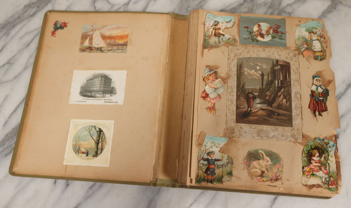 Lot 118 - Antique Victorian Scrapbook Album Green Cover, Silver Daisy Motif, With Many Lithographed Trade Cards, Holiday Cards, And Die Cuts, 90+ Pieces, Including Several Loose Cards