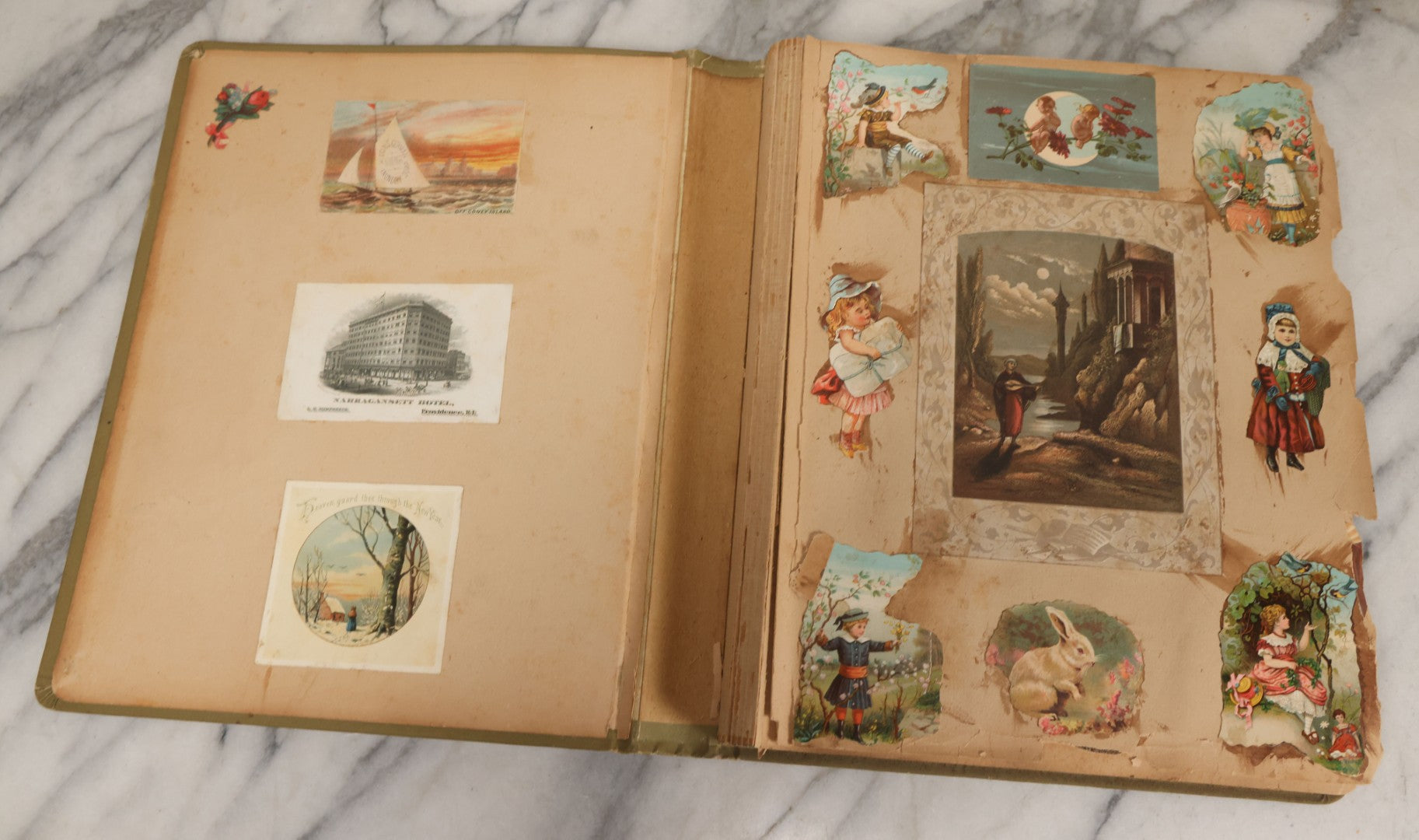 Lot 118 - Antique Victorian Scrapbook Album Green Cover, Silver Daisy Motif, With Many Lithographed Trade Cards, Holiday Cards, And Die Cuts, 90+ Pieces, Including Several Loose Cards