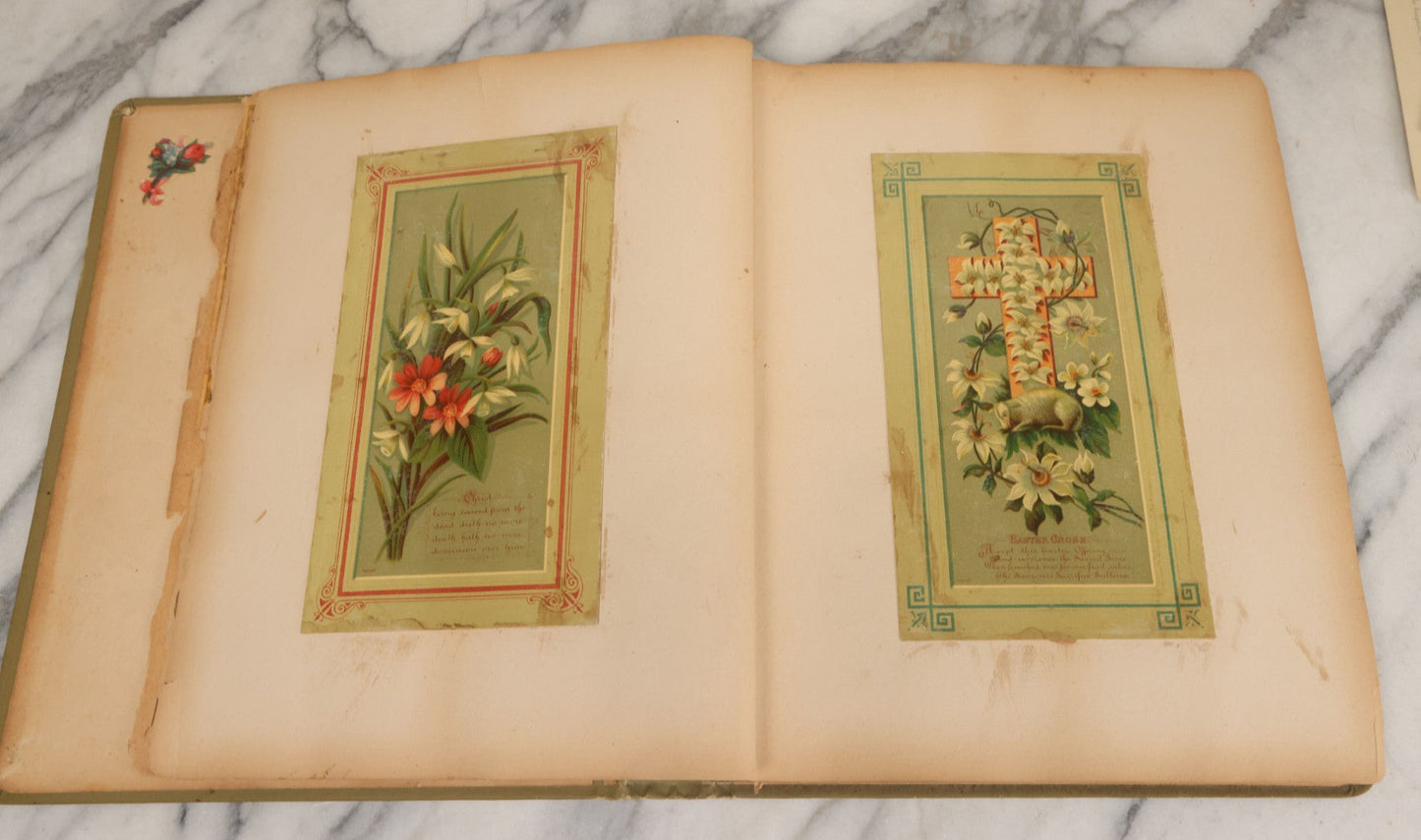 Lot 118 - Antique Victorian Scrapbook Album Green Cover, Silver Daisy Motif, With Many Lithographed Trade Cards, Holiday Cards, And Die Cuts, 90+ Pieces, Including Several Loose Cards