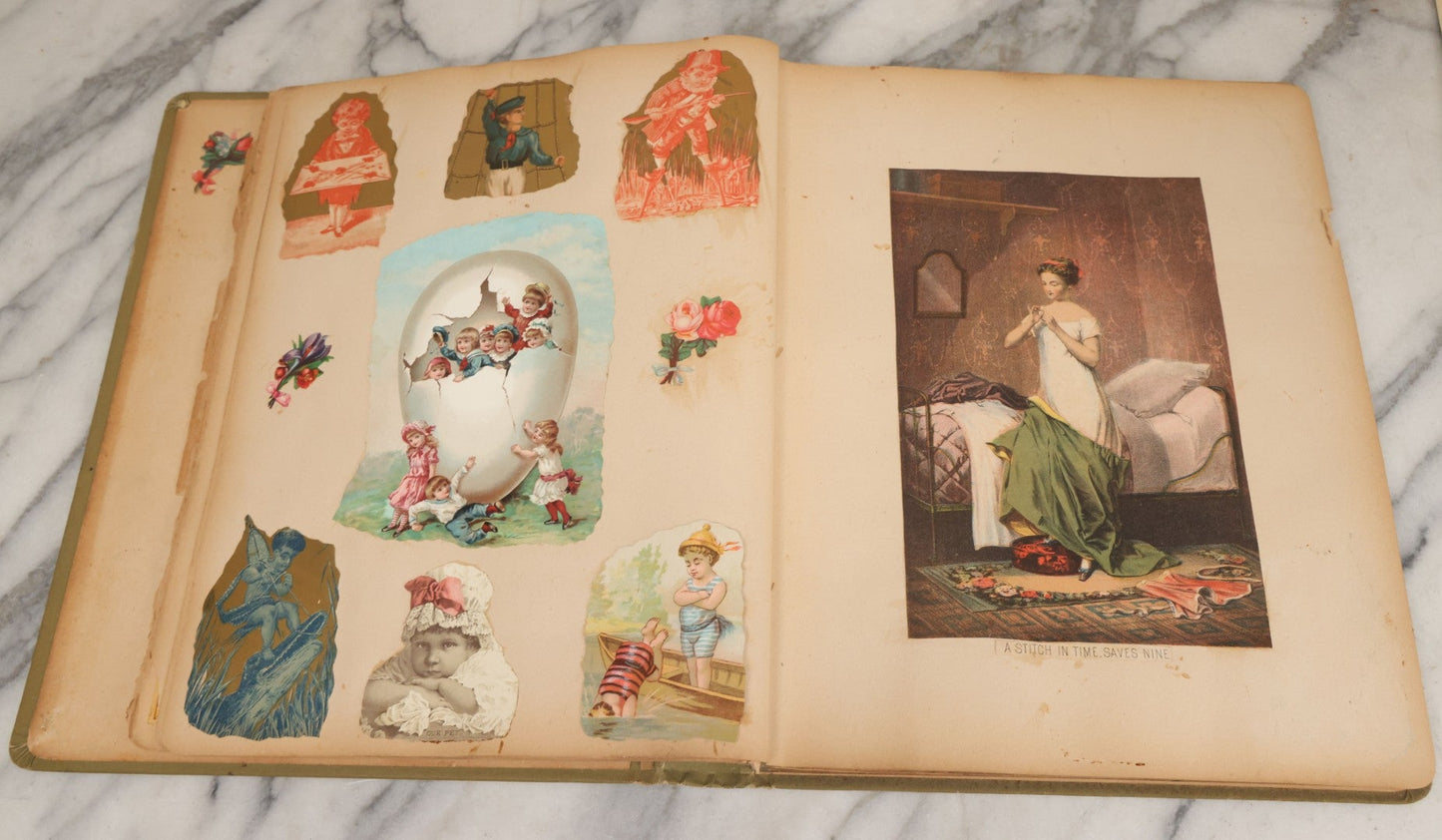 Lot 118 - Antique Victorian Scrapbook Album Green Cover, Silver Daisy Motif, With Many Lithographed Trade Cards, Holiday Cards, And Die Cuts, 90+ Pieces, Including Several Loose Cards