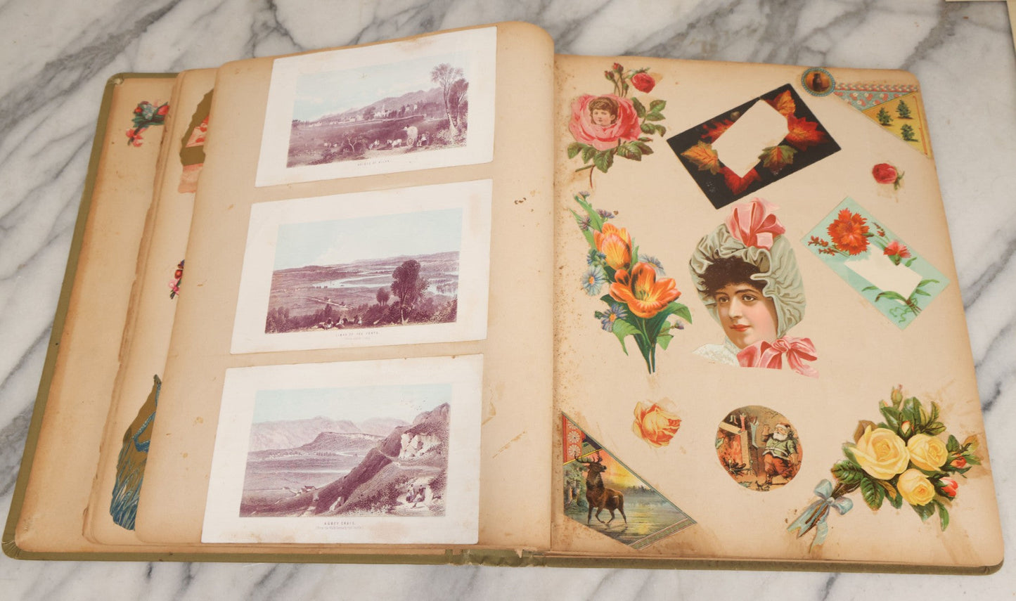 Lot 118 - Antique Victorian Scrapbook Album Green Cover, Silver Daisy Motif, With Many Lithographed Trade Cards, Holiday Cards, And Die Cuts, 90+ Pieces, Including Several Loose Cards