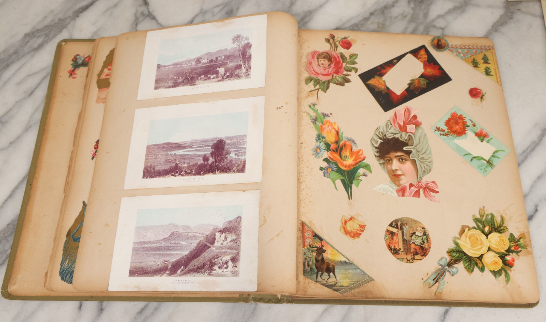 Lot 118 - Antique Victorian Scrapbook Album Green Cover, Silver Daisy Motif, With Many Lithographed Trade Cards, Holiday Cards, And Die Cuts, 90+ Pieces, Including Several Loose Cards