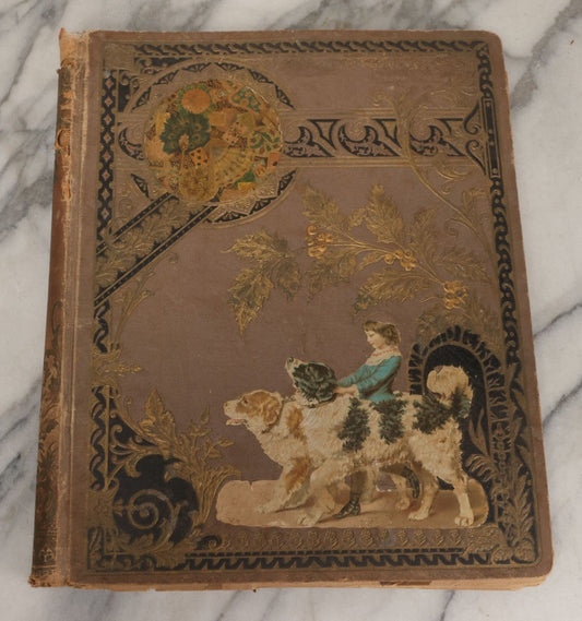 Lot 119 - Antique Victorian Scrapbook Album Cover With Playing Cards And Dogs Graphics, With Many Lithographed Trade Cards, Holiday Cards, And Die Cuts, 100+ Pieces