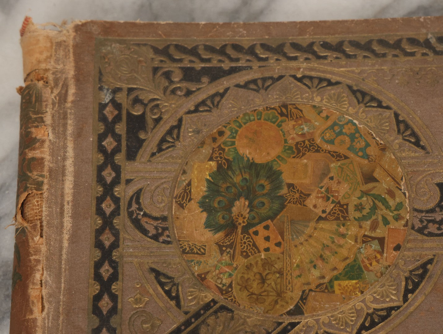 Lot 119 - Antique Victorian Scrapbook Album Cover With Playing Cards And Dogs Graphics, With Many Lithographed Trade Cards, Holiday Cards, And Die Cuts, 100+ Pieces