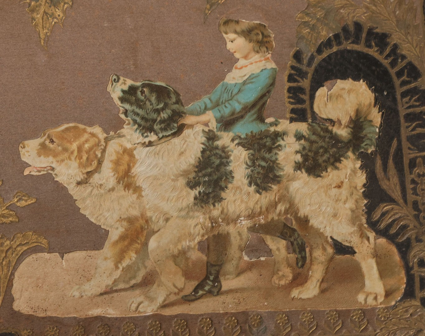 Lot 119 - Antique Victorian Scrapbook Album Cover With Playing Cards And Dogs Graphics, With Many Lithographed Trade Cards, Holiday Cards, And Die Cuts, 100+ Pieces