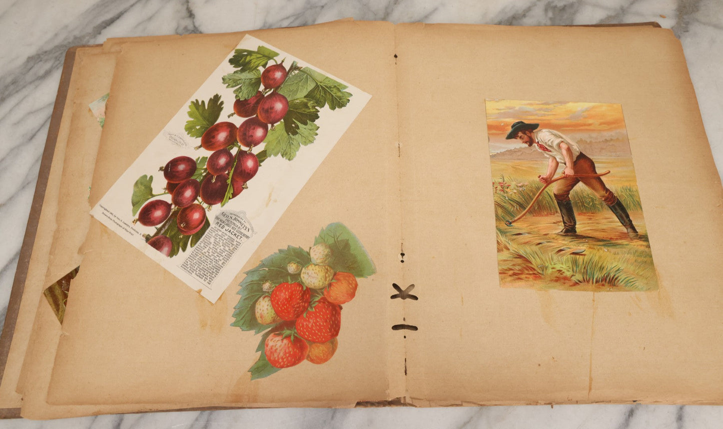 Lot 119 - Antique Victorian Scrapbook Album Cover With Playing Cards And Dogs Graphics, With Many Lithographed Trade Cards, Holiday Cards, And Die Cuts, 100+ Pieces