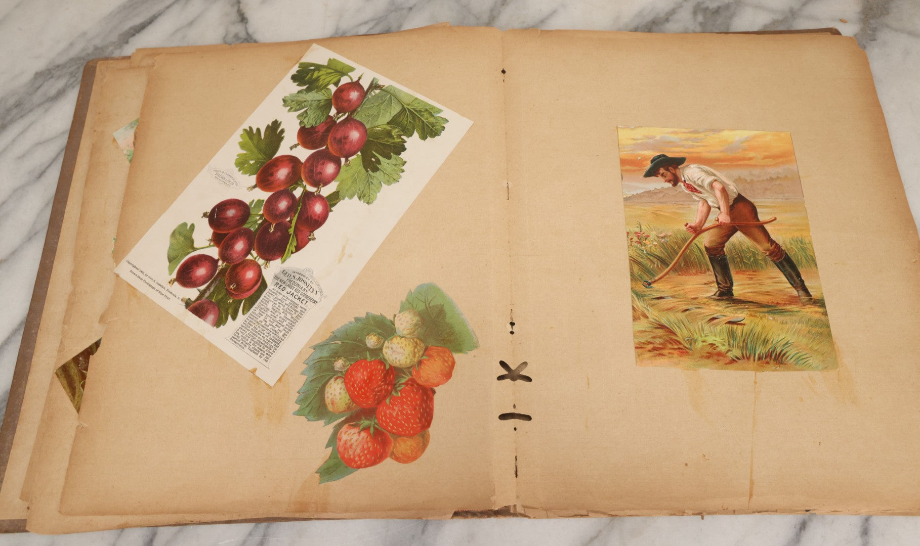 Lot 119 - Antique Victorian Scrapbook Album Cover With Playing Cards And Dogs Graphics, With Many Lithographed Trade Cards, Holiday Cards, And Die Cuts, 100+ Pieces