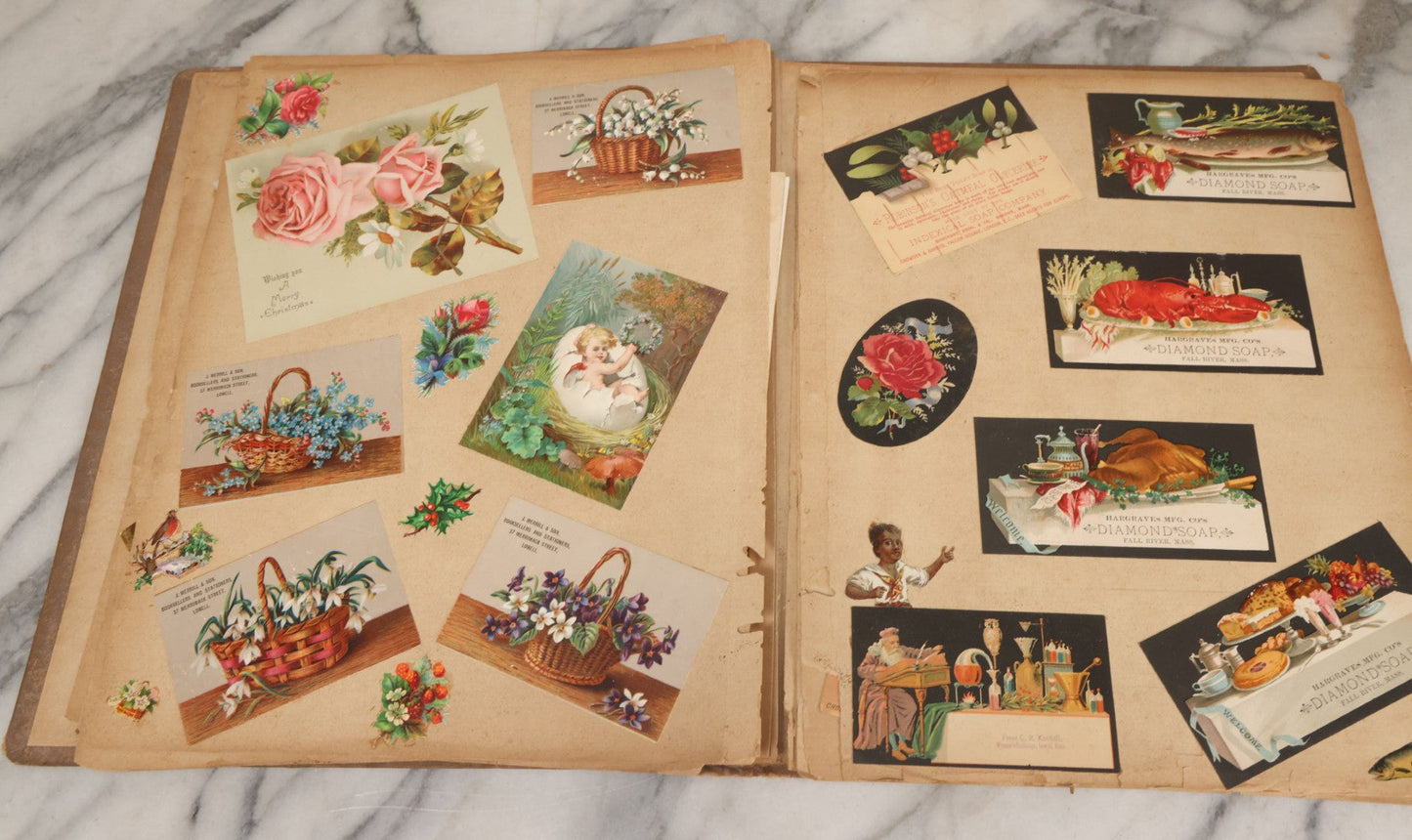 Lot 119 - Antique Victorian Scrapbook Album Cover With Playing Cards And Dogs Graphics, With Many Lithographed Trade Cards, Holiday Cards, And Die Cuts, 100+ Pieces
