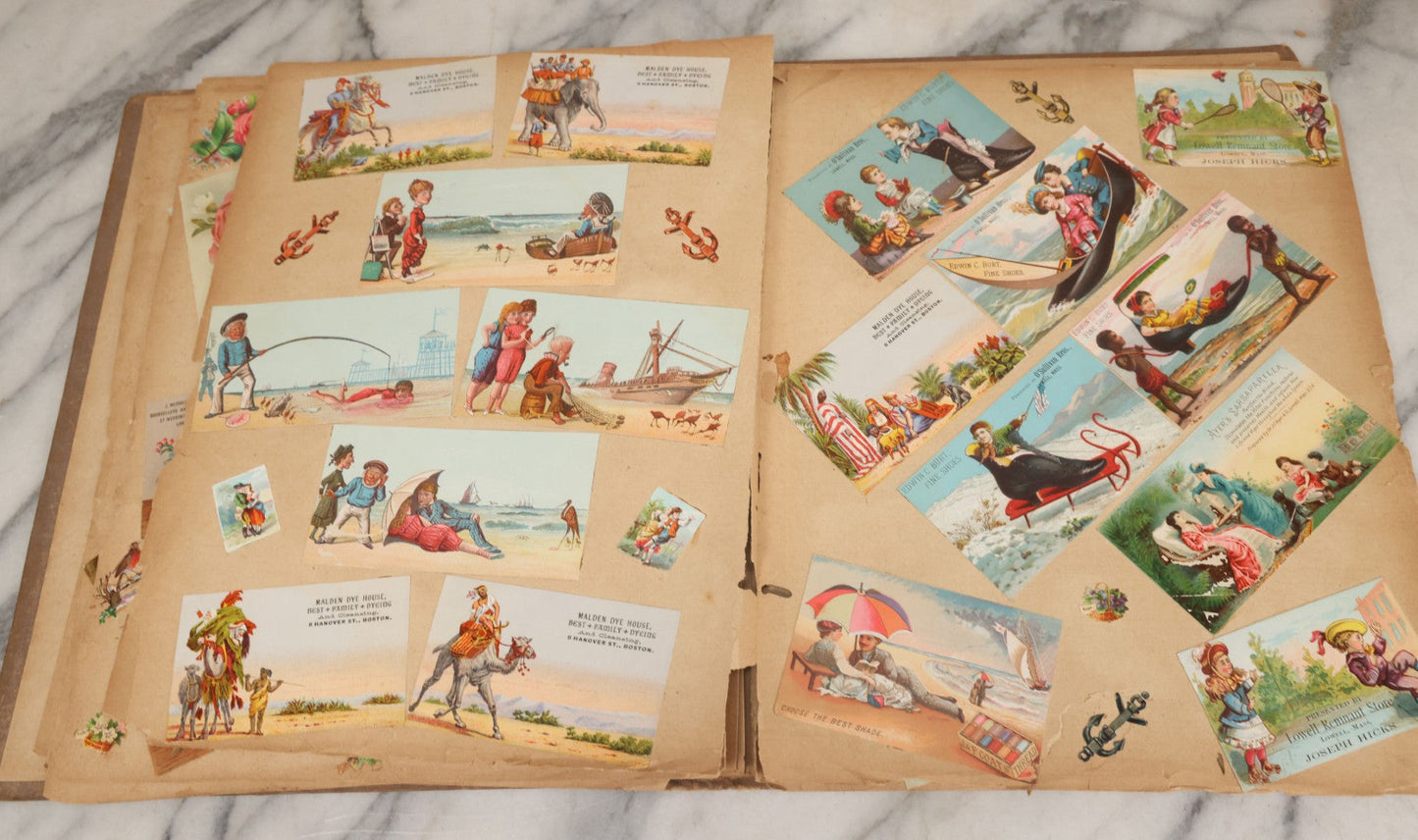 Lot 119 - Antique Victorian Scrapbook Album Cover With Playing Cards And Dogs Graphics, With Many Lithographed Trade Cards, Holiday Cards, And Die Cuts, 100+ Pieces