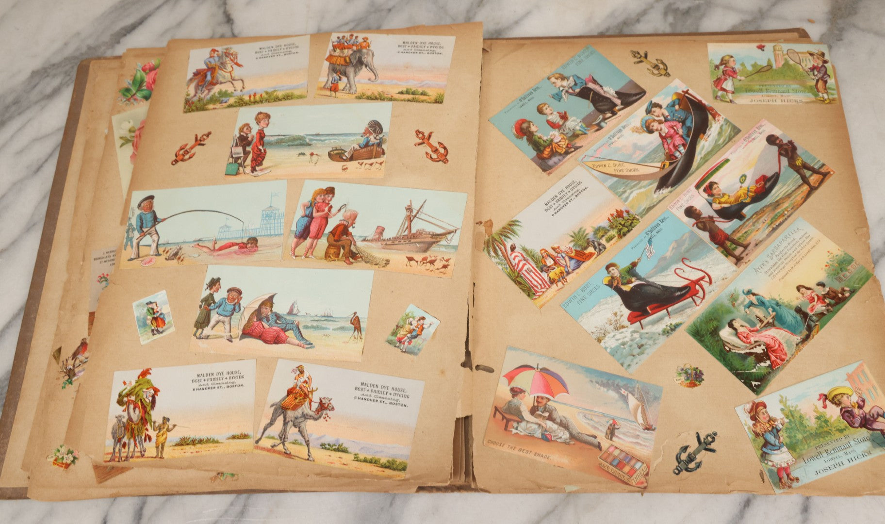 Lot 119 - Antique Victorian Scrapbook Album Cover With Playing Cards And Dogs Graphics, With Many Lithographed Trade Cards, Holiday Cards, And Die Cuts, 100+ Pieces