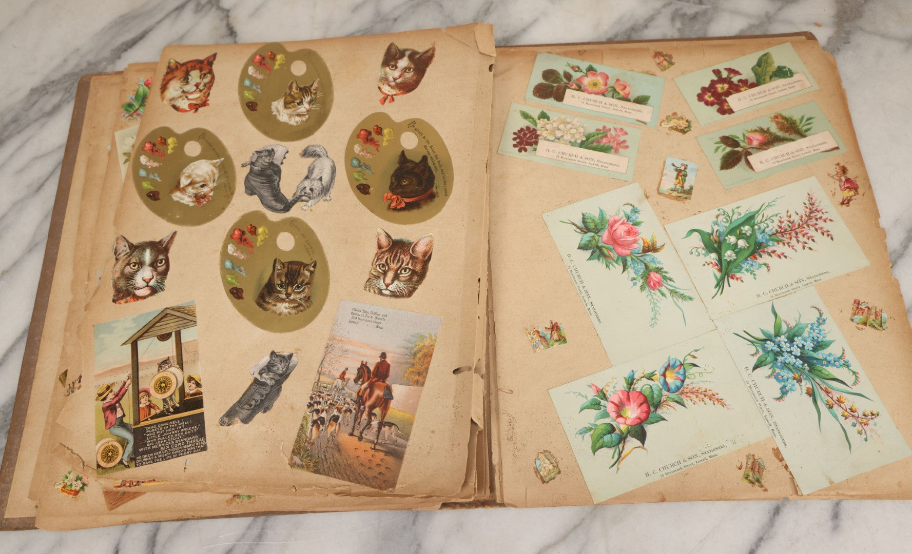 Lot 119 - Antique Victorian Scrapbook Album Cover With Playing Cards And Dogs Graphics, With Many Lithographed Trade Cards, Holiday Cards, And Die Cuts, 100+ Pieces