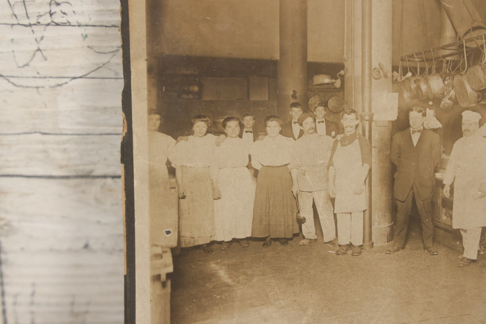 Lot 124 - Antique Boarded Occupational Photograph Of Kitchen Staff At Their Stations In Large Industrial Kitchen With Period Uniforms And Cooking Appliances Visible