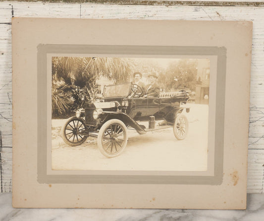 Lot 126 - Antique Boarded Photograph Of Two Gentlemen In Fedoras Seated In Early Automobile, Likely Circa 1916 Ford Model T