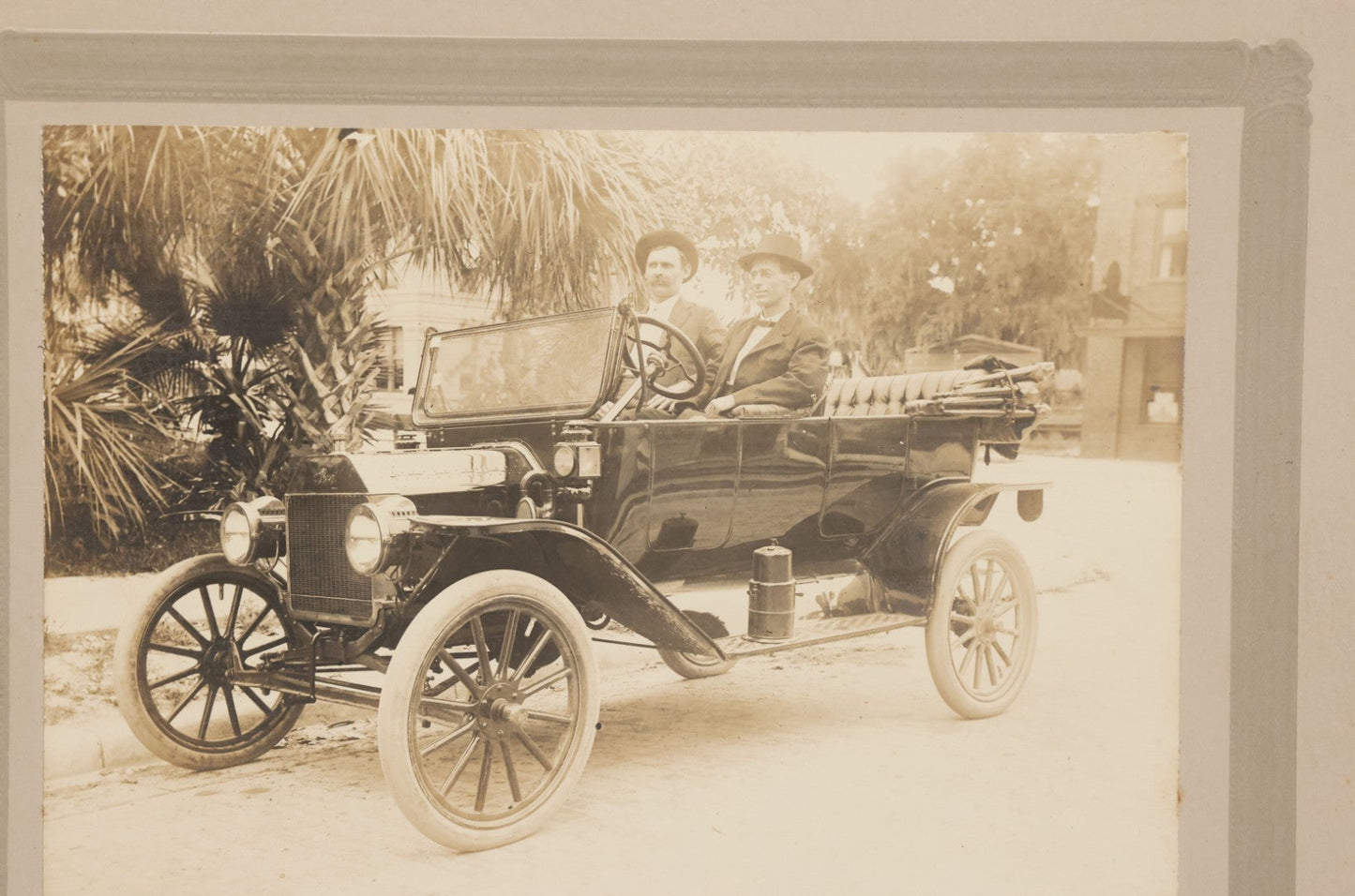 Lot 126 - Antique Boarded Photograph Of Two Gentlemen In Fedoras Seated In Early Automobile, Likely Circa 1916 Ford Model T