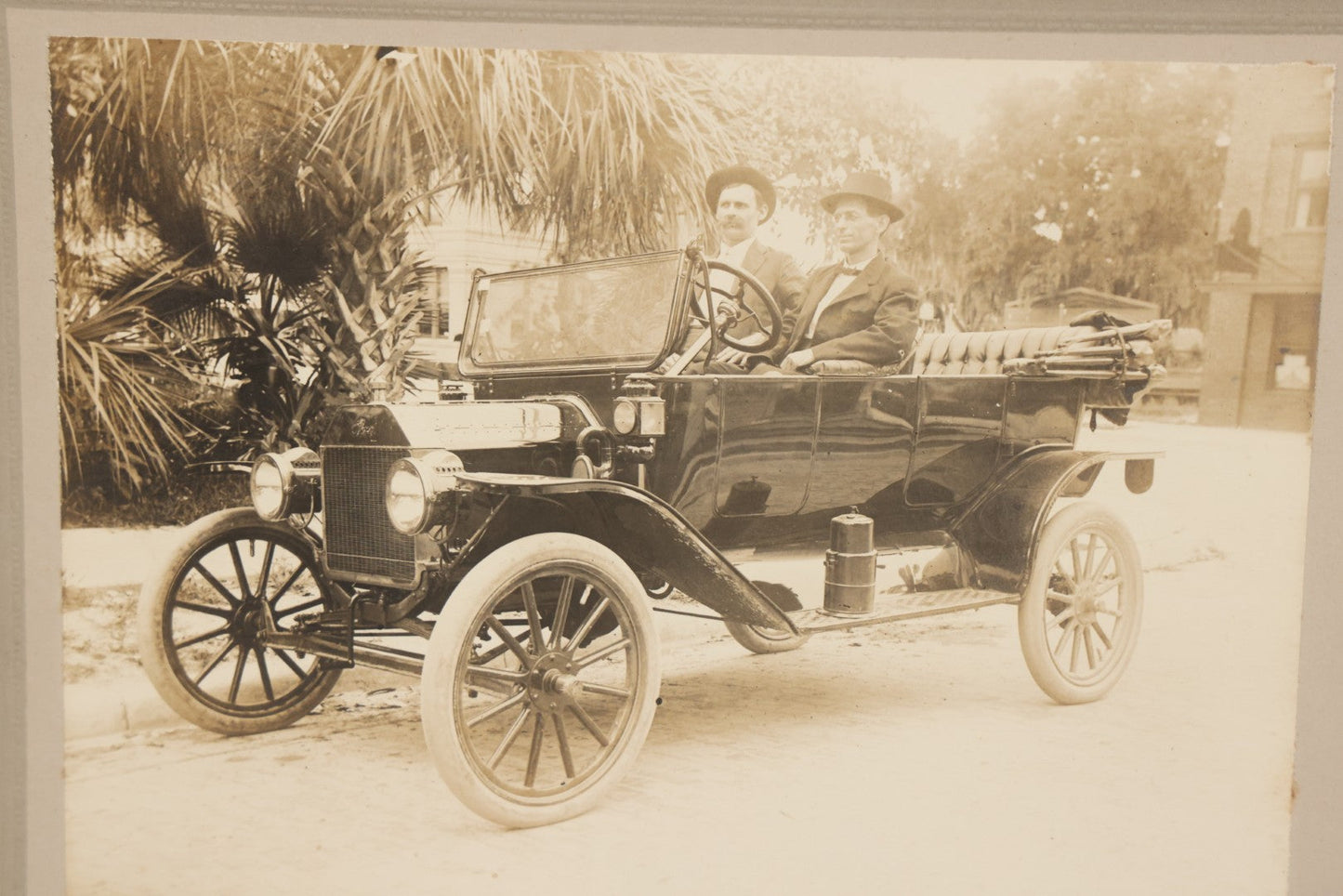 Lot 126 - Antique Boarded Photograph Of Two Gentlemen In Fedoras Seated In Early Automobile, Likely Circa 1916 Ford Model T